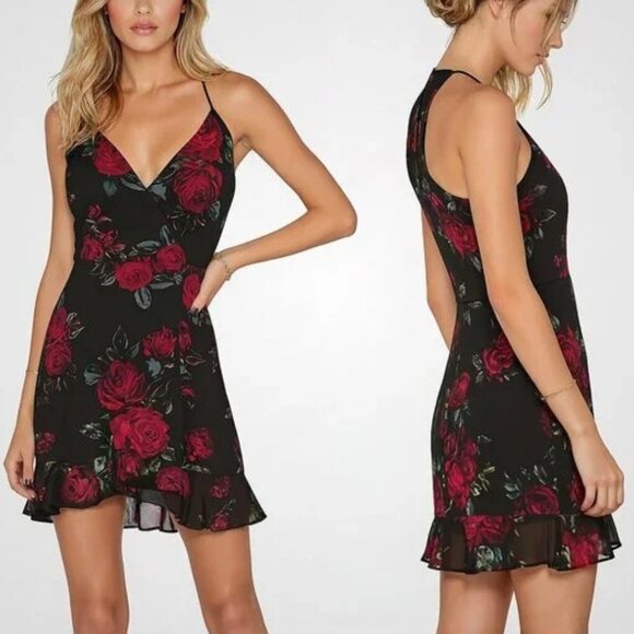 Lovers + Friends Gigi Black Red Floral Wrap Dress S - Picture 2 of 8